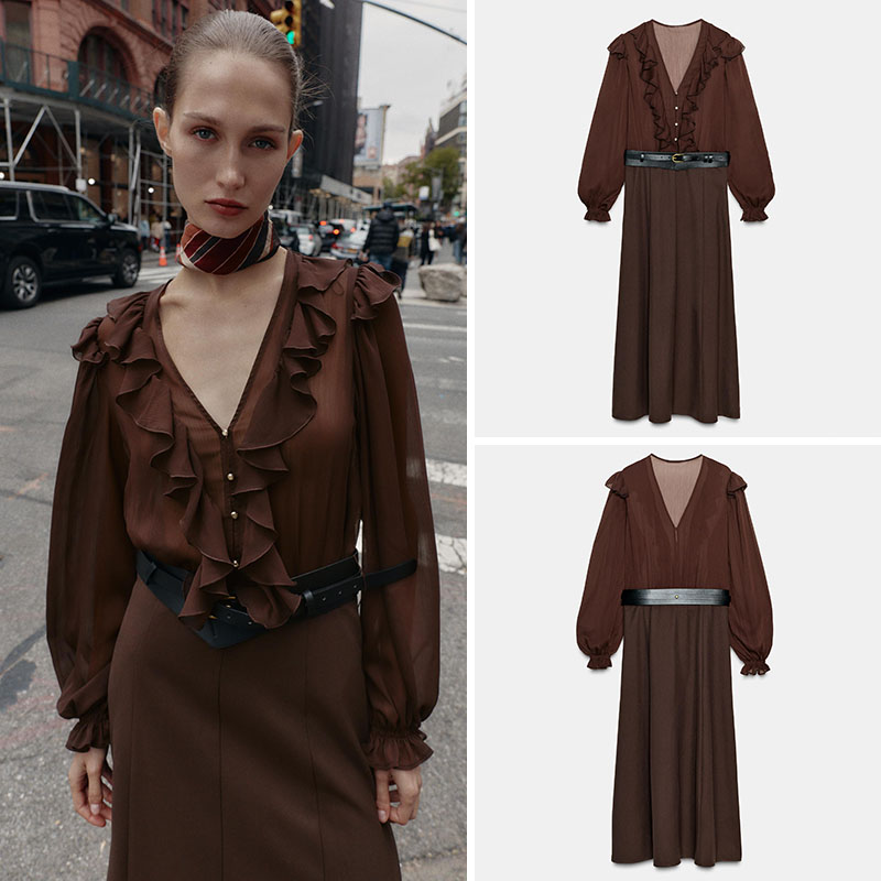 Ethnic Fashion Wear For Women - Gaun Midi Lengan Panjang V-Neck Elegan,
